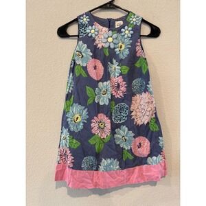 Mini Boden Girls Blue Floral Sleeveless Dress Pink Trim